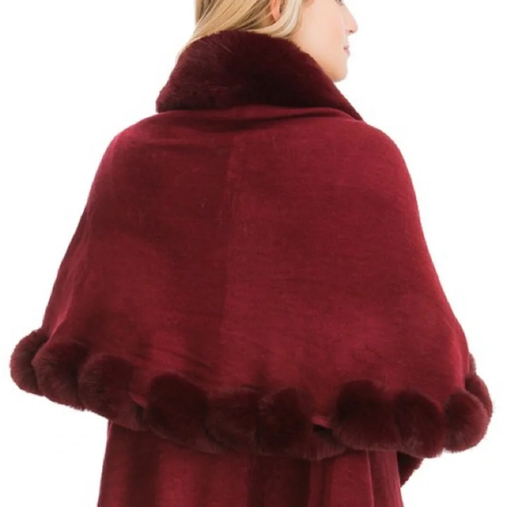 Luxury Burgundy Faux Fur Double Layer Cape Coat - Picture 6 of 13